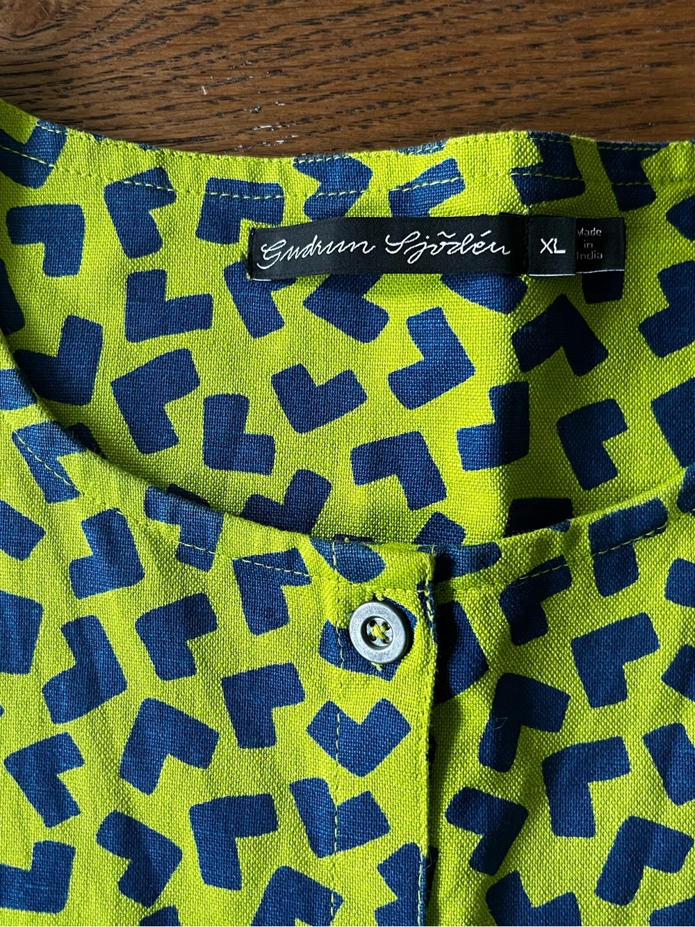 Gudrun Sjoden Lime Green and Navy Button-Down Shirt Swedish Linen Colorful Fun